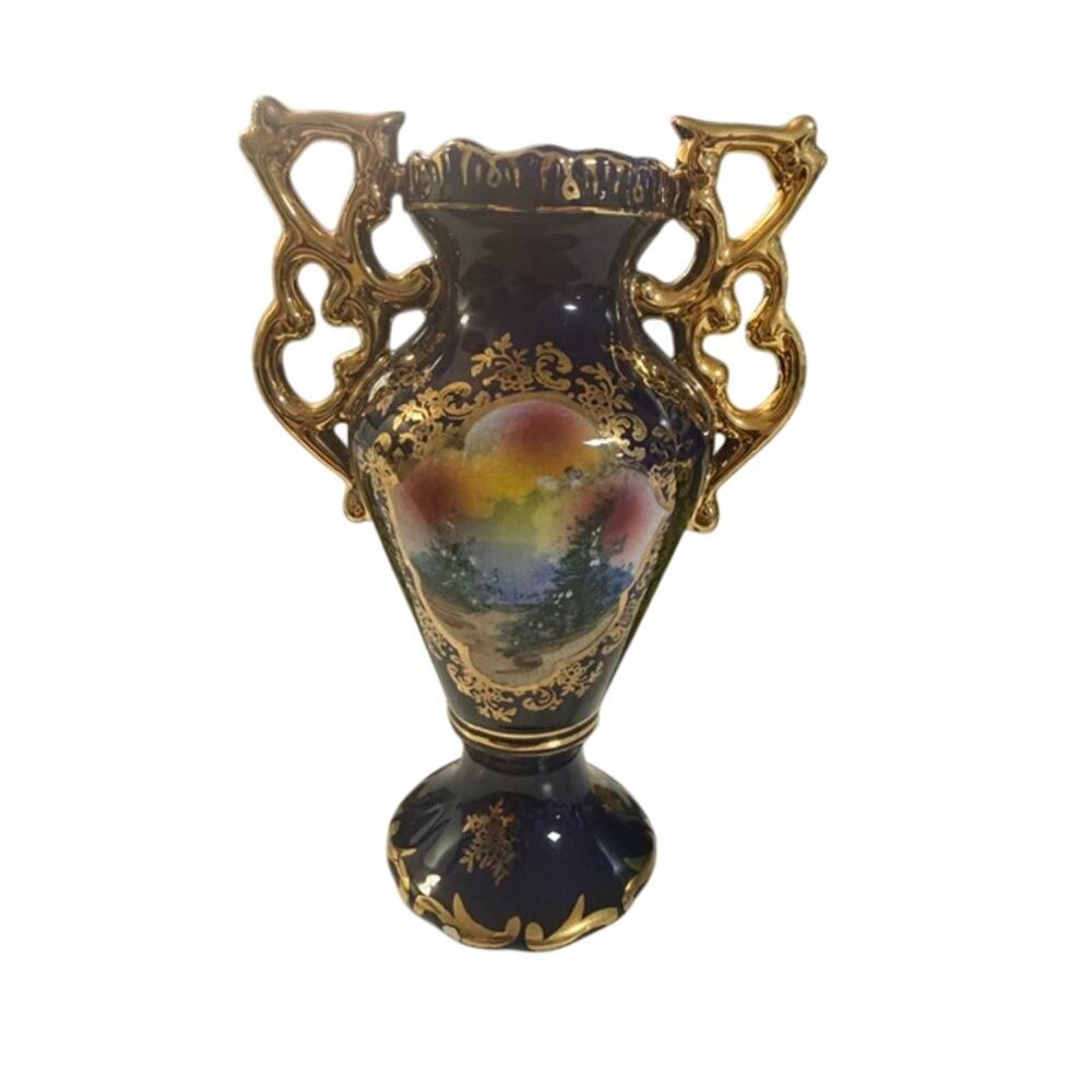 Vintage ELPA Alcobaga Portugal Porcelain Vase Navy Gold Tone 6"